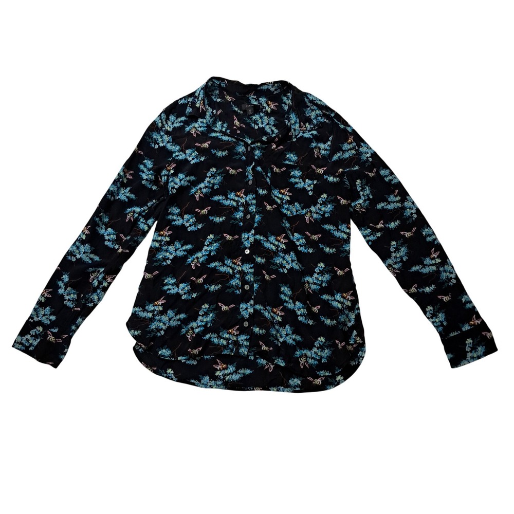 J. Crew 100% Silk Button Down Women 10 Black Floral Botanical Bee Long Sleeve